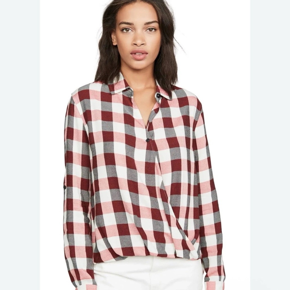 Rag & Bone Camille Surplus Red Gray Ivory Plaid High-Low Blouse: Medium